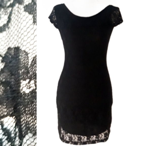 Velvet Torch Dresses & Skirts - Vintage 1990's Velvet Torch Black Lace Overlay Bodycon Mini Dress - Size Small